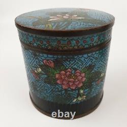 Vintage Pair Of Chinese Cloisonne Cylindrical Jars & Covers Blue Ground Flowers