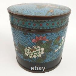 Vintage Pair Of Chinese Cloisonne Cylindrical Jars & Covers Blue Ground Flowers