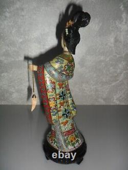 Vintage Scultura Figura Geisha In Cloisonne Con Doni E Pietre Pregiate