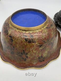 Vintage Zi Jin Cheng Bowl Cloisonne Enamelware Copper Flower On Stand