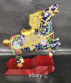Vntg Chinese Cloisonné Enamel Horse on Wood platform Figure Statue Collectable