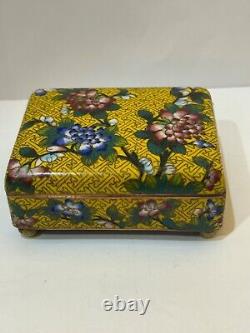 Yellow Chinese Cloisonne Enamel & Brass Footed Trinket Box