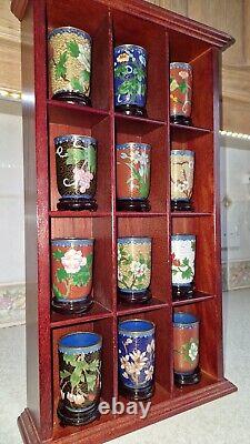 12x Vases chinois émaillés Cloisonné Franklin Mint / pots à pinceaux sur supports + étui