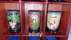 12x Vases chinois émaillés Cloisonné Franklin Mint / pots à pinceaux sur supports + étui