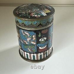 Ancien pot à thé chinois en cloisonné avec couvercle, boîte cylindrique à tabac