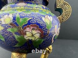 Antique, Chinois Cloisonné Émail Trépied Encensoir Avec Couvercle à Pommeau, 14,5cm / 5.7