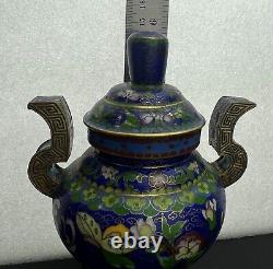 Antique, Chinois Cloisonné Émail Trépied Encensoir Avec Couvercle à Pommeau, 14,5cm / 5.7