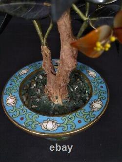 Arbre Bonsaï chinois ancien en jade et cornaline dans un pot en cloisonné.