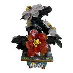 Arbre de jade chinois antique avec des fleurs en pierres semi-précieuses dans un mini-cloisonné