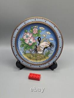 Assiette en cloisonné chinois, grues & fleurs de pêcher, années 1920, émaillée en bronze