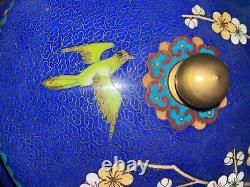 BOL COUVERT CHINOIS EN JINGFA CLOISONNÉ GRAND Bol à couvercle Fleurs de cerisier bleues et oiseaux