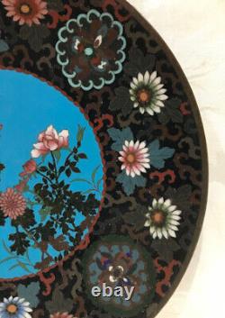 Belle assiette/plateau en cloisonné japonais de l'époque Meiji avec oiseau et fleurs