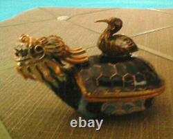 Boîte à bijoux vintage en cloisonné avec dragon, tortue et oiseau