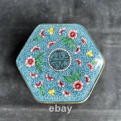 Boîte hexagonale antique chinoise en émail cloisonné avec des fleurs peintes à la main 4 x 3 1/4