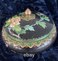 Bol à bibelot à couvercle décoré de dahlias floraux en émail cloisonné chinois vintage en bronze