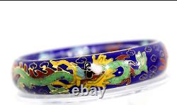 Bracelet en émail cloisonné chinois antique bleu, jaune et vert avec dragon