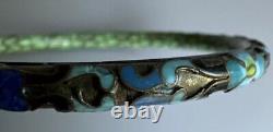 Bracelet jonc en bronze ancien asiatique Cloisonné incrusté de pierres précieuses et de fleurs