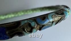 Bracelet jonc en bronze ancien asiatique Cloisonné incrusté de pierres précieuses et de fleurs