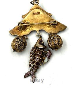 Broche pendentif articulé en émail cloisonné doré à l'argent chinois antique Poisson