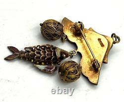 Broche pendentif articulé en émail cloisonné doré à l'argent chinois antique Poisson