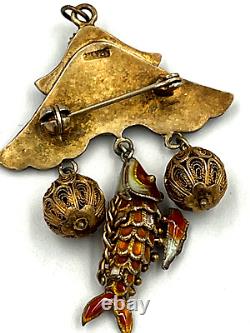 Broche pendentif en émail cloisonné doré en argent chinois antique en forme de poisson articulé