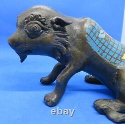 Bronze chinois et cloisonné bleu vintage, chien antique de l'époque victorienne orientale