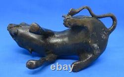 Bronze chinois et cloisonné bleu vintage, chien antique de l'époque victorienne orientale