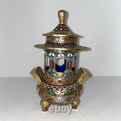 Brûleur d'encens en émail cloisonné chinois doré - Pot à encens en 4 parties, antiquité vintage