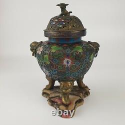 Encensoir Chinois Antique en Émail Cloisonné à Trois Pieds avec Finial Foo de 17cm de Hauteur