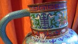 Énorme cruche d'eau cloisonné chinoise sur support avec dragons 4 caractères à la base