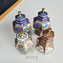 Ensemble de 4 pots avec couvercles en cloisonné chinois antique des années 1900 en forme hexagonale en très bon état