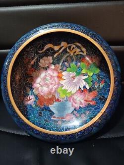 Grand bol cloisonné antique vintage de 10 1/2 pouces avec un magnifique motif floral saisissant.
