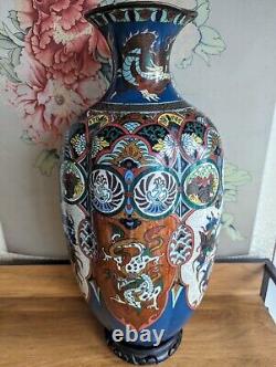Grand vase antique japonais en cloisonné avec dragon et phénix, période Meiji