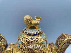 Magnifique brûleur d'encens de cendrier de lion Foo chinois en émail cloisonné doré du XIXe siècle