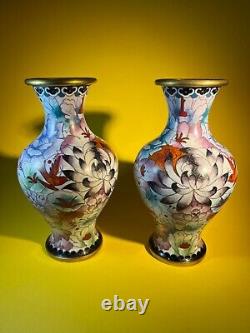 Paire Miroir de Vases en Émail Cloisonné & Laiton, Beau Design de Fleur et Oiseau