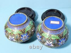 Paire de pots couverts en émail cloisonné floral chinois vintage avec finials de chien Foo dans une boîte