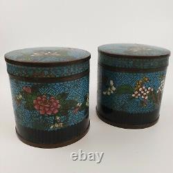 Paire de pots cylindriques chinois en cloisonné vintage avec couvercles sur fond bleu et fleurs