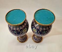 Paire de vases cloisonné chinois vintage, détail feuillu élaboré sur fond bleu