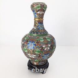 Paire de vases en cloisonné chinois à tête d'ail bleu vert, émail floral en laiton 9,5'