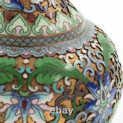 Paire de vases en cloisonné chinois avec décorations en relief de fleurs de lotus sur une forme globulaire