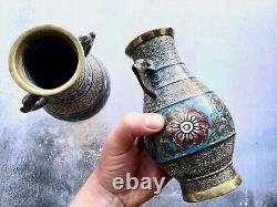 Paire de vases en laiton émaillé cloisonné chinois antique du 19e siècle