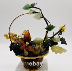 Panier de fruits et de fleurs en émail cloisonné vintage et jade