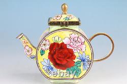 Pot en émail chinois rare, pur cuivre, ornements de fleurs en cloisonné, peinture de thé animal de compagnie