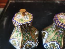 Pots hexagonaux en cloisonné chinois avec couvercles des années 1930 et 1940, pots en cloisonné vintage