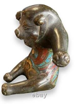 Statue antique en bronze cloisonné, sculpture zoomorphique émaillée d'Asie, rare et ancienne du 19ème siècle.