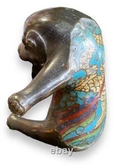 Statue antique en bronze cloisonné, sculpture zoomorphique émaillée d'Asie, rare et ancienne du 19ème siècle.