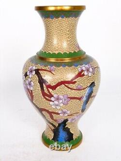 Superbe vase chinois en cloisonné décoré d'oiseaux et de fleurs