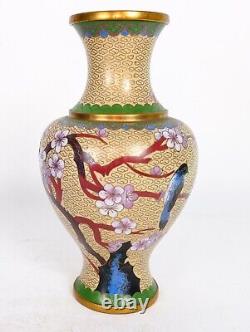 Superbe vase chinois en cloisonné décoré d'oiseaux et de fleurs