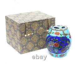 Théière chinoise vintage en émail cloisonné floral avec sa boîte d'origine