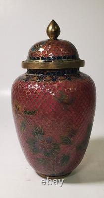 Vase Jar Émail Cloisonné Chinois Antique en Plique à Jour Émail Rose Rouge et Laiton